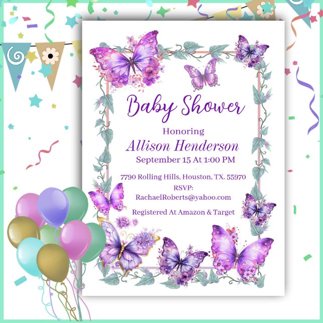 Purple And Lavender Butterfies Baby Shower Invitation (Creator Uploaded)