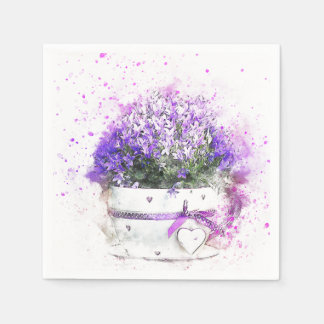 Purple and lavender flowers in pink and white pot napkin