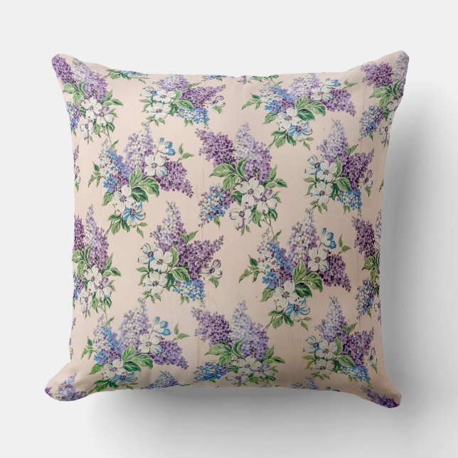 Purple and Lavender Lilacs on Vintage Wallpaper Cushion (Front)
