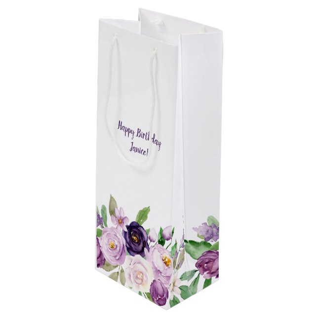 Purple and Lavender Roses Monogram Wine Gift Bag (Front Angled)