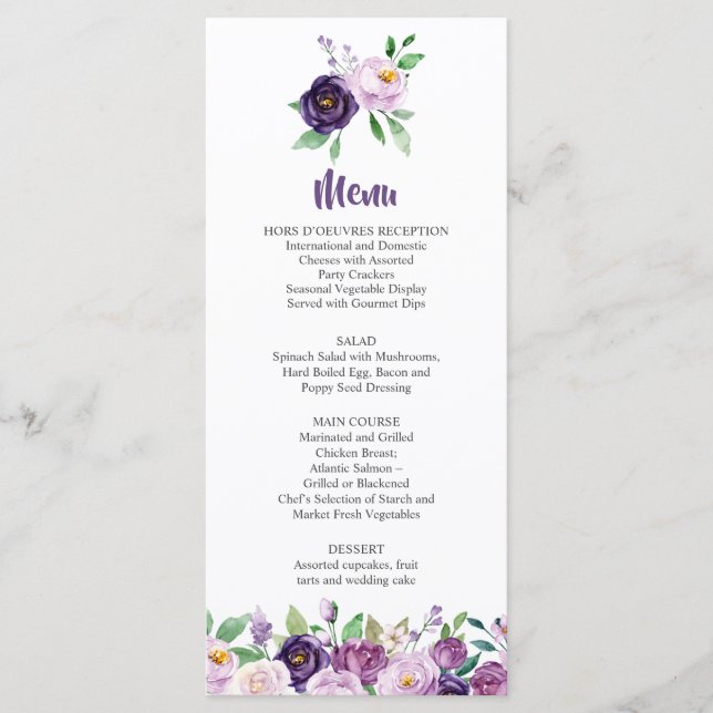 Purple and Lavender Roses Wedding Menu (Front)