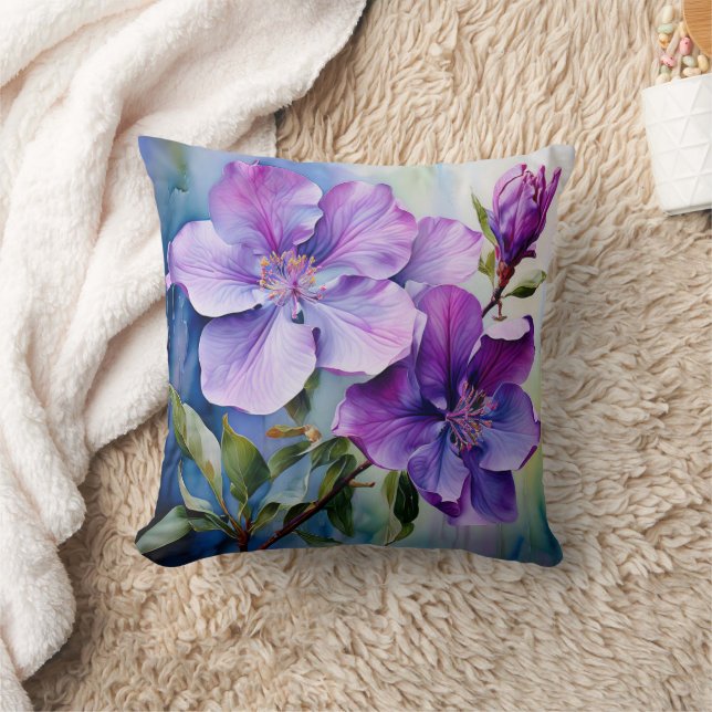 Purple and Lavender Watercolor Flowers Botanical Cushion (Blanket)