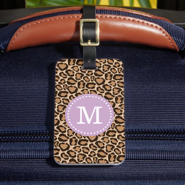 Purple and Leopard Print Custom Monogram Luggage Tag (Front Insitu 2)