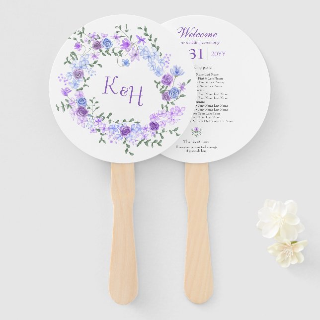 Purple and Light Blue Rose Wreath Wedding  Hand Fan (Front and Back)