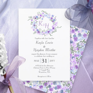 Purple and Light Blue Roses Wedding Wreath Invitation