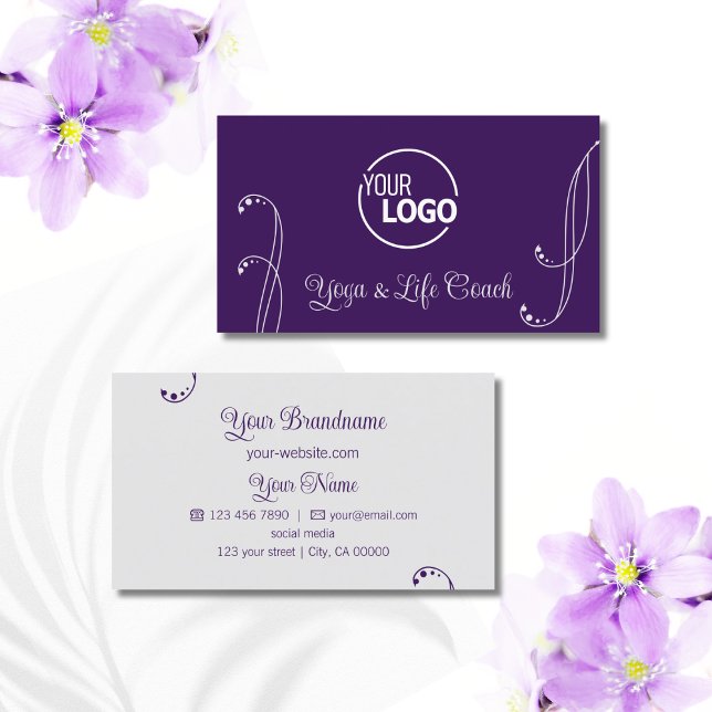 Purple and Light Grey Ornamental with Logo Ornate Business Card (Creator Uploaded)