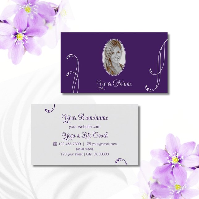 Purple and Light Grey with Portrait Photo Ornate Business Card (Creator Uploaded)