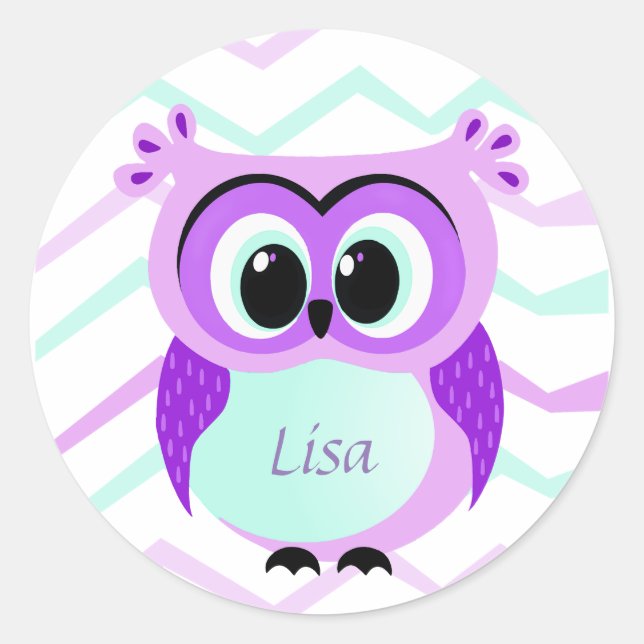 Purple and lilac baby owl cartoon classic round sticker (Front)