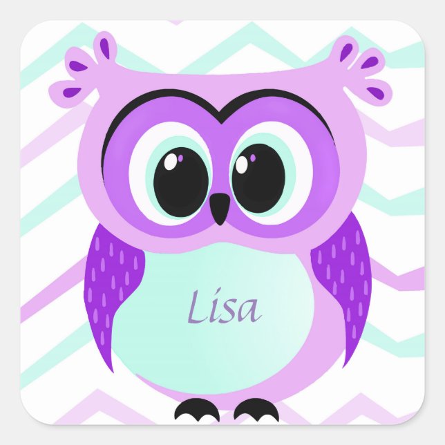 Purple and lilac baby owl cartoon square sticker (Front)