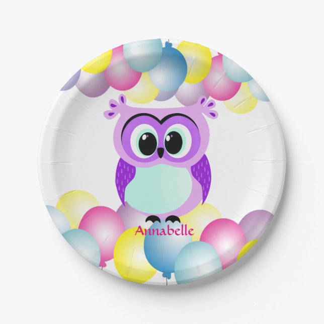 Purple and lilac mother and baby owl cartoon paper plate (Front)