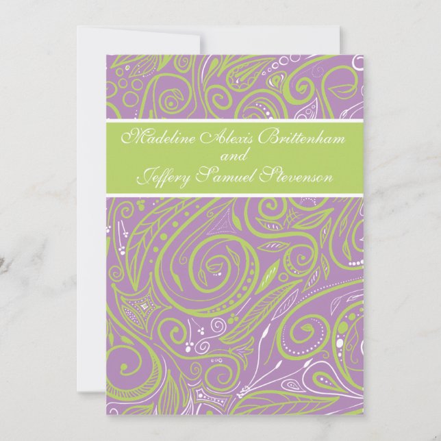 purple and lime paisley wedding theme invitation (Front)