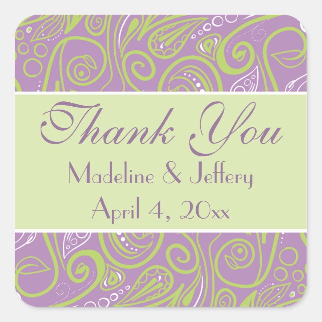 purple and lime paisley wedding theme square sticker (Front)