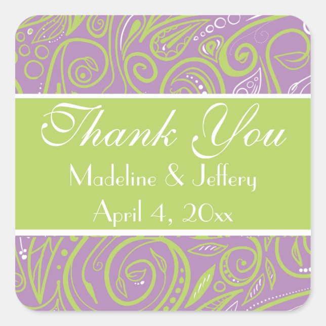 purple and lime paisley wedding theme square sticker (Front)
