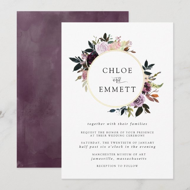 Purple and Mauve Pink Floral Wedding Invitation (Front/Back)