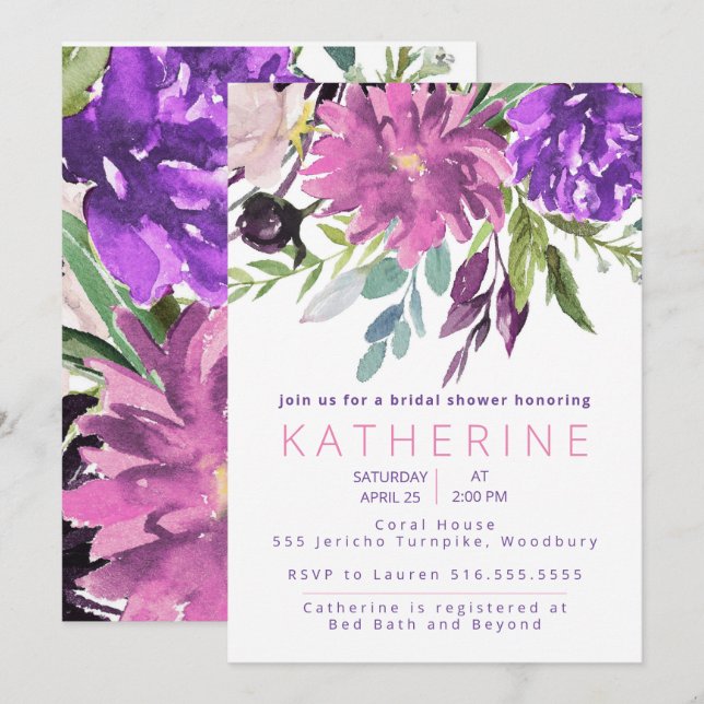 Purple and Mauve watercolor Floral Bridal Shower Invitation (Front/Back)
