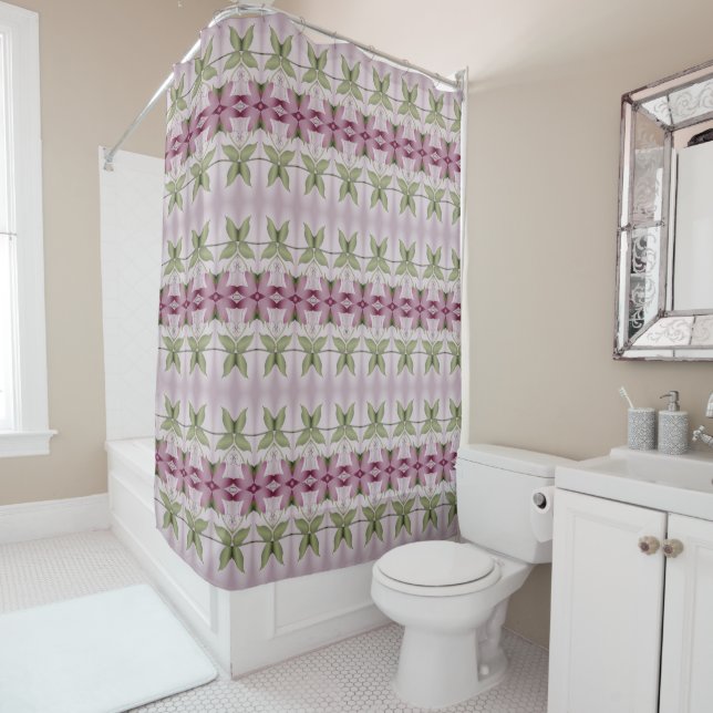 Purple and Mauve With Green Patterned Shower Curtain (In Situ)
