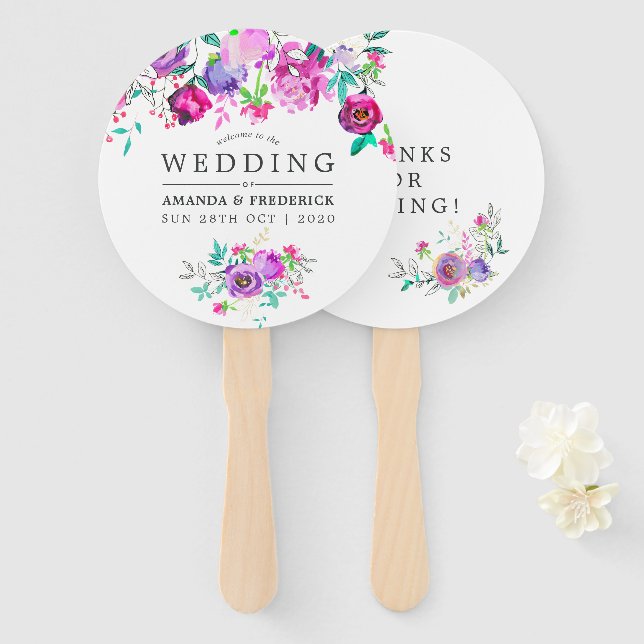 Purple and Mint Floral Wedding Favour Hand Fan (Front and Back)