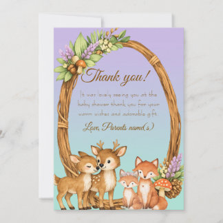 Purple and Mint Woodland Animal Baby Shower Thanks Invitation