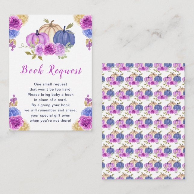 Purple and Navy Blue  Floral Pumpkins Baby Shower Enclosure Card (Front/Back)