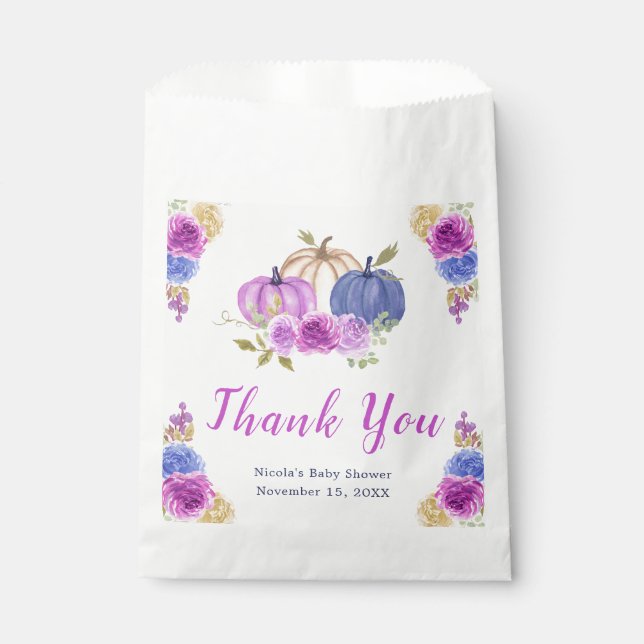 Purple and Navy Blue Floral Pumpkins Baby Shower Favour Bags (Front)