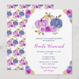 Purple and Navy Blue Floral Pumpkins Baby Shower Invitation