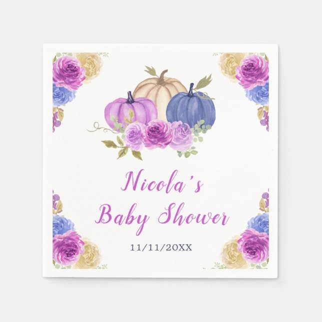 Purple and Navy Blue Floral Pumpkins Baby Shower Napkin (Front)