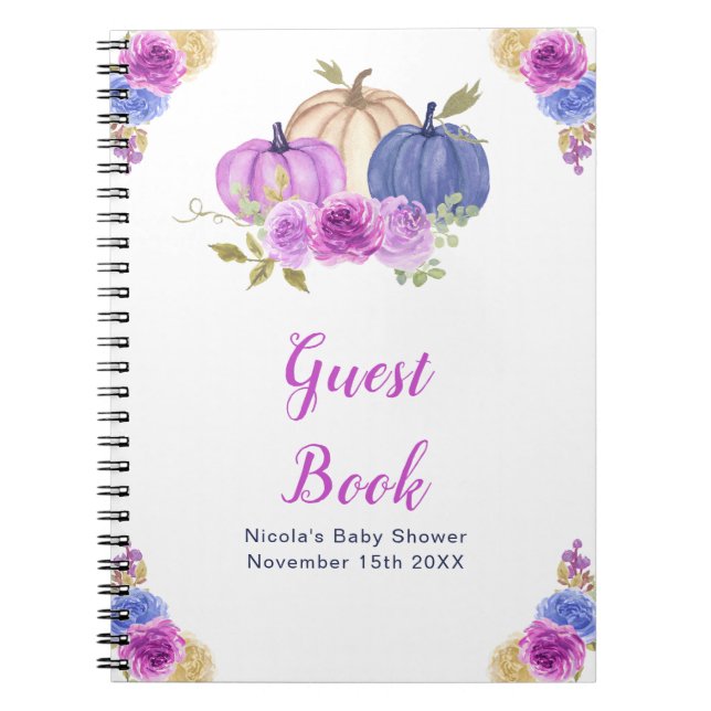 Purple and Navy Blue Floral Pumpkins Baby Shower Notebook (Front)