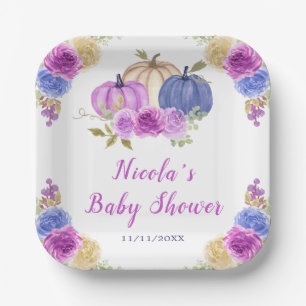 Purple and Navy Blue Floral Pumpkins Baby Shower Paper Plate
