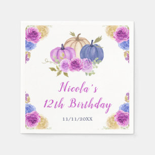 Purple and Navy Blue Floral Pumpkins Birthday Napkin