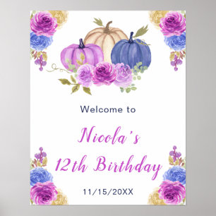 Purple and Navy Blue Floral Pumpkins Birthday Poster