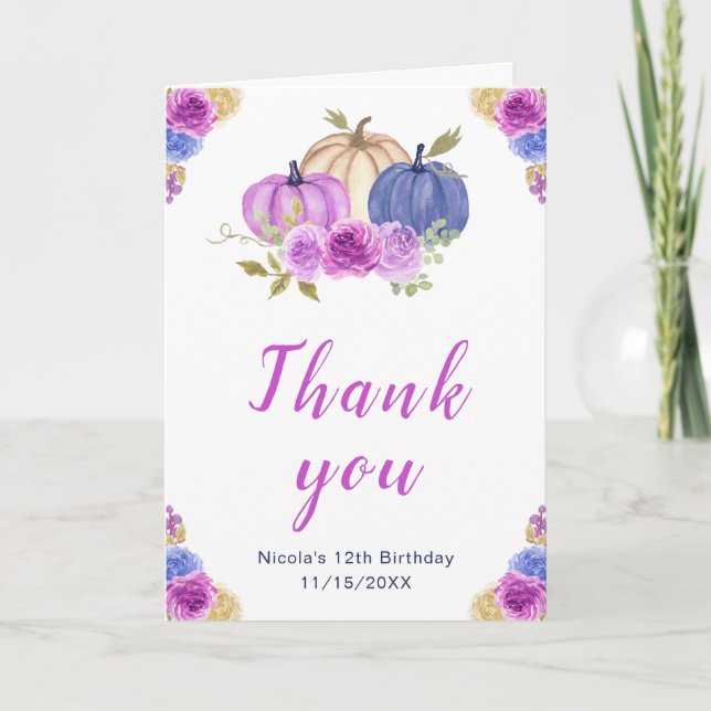 Purple and Navy Blue Floral Pumpkins Birthday Thank You Card (Front)