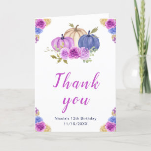 Purple and Navy Blue Floral Pumpkins Birthday Thank You Card