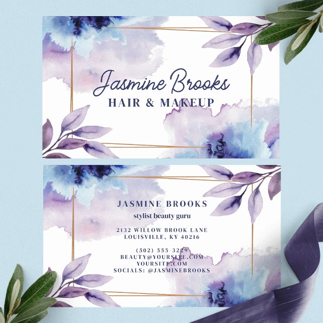Purple and Navy Watercolor Botanical Leaves Business Card (Creator Uploaded)