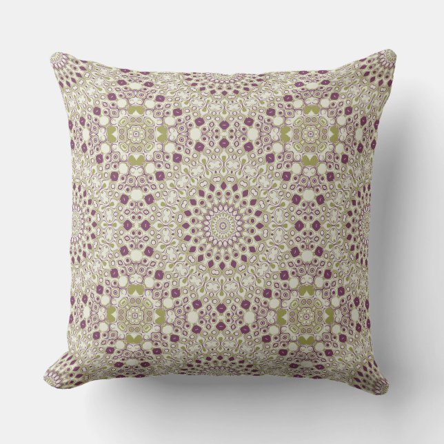 Purple and Olive Geometric Mandala Pattern Cushion (Front)