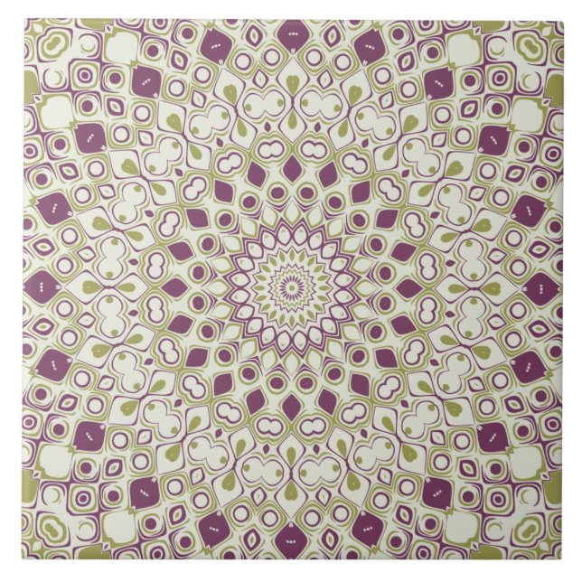 Purple and Olive Geometric Mandala Pattern Tile (Front)