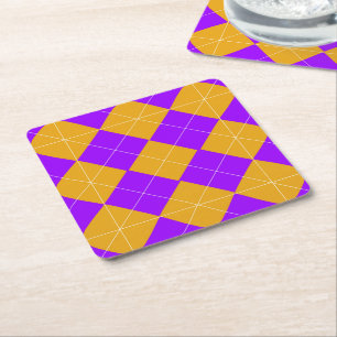 Purple and Orange Argyle Square Paper Coaster