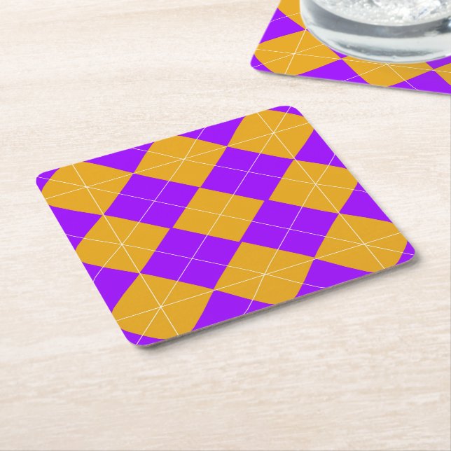 Purple and Orange Argyle Square Paper Coaster (Angled)