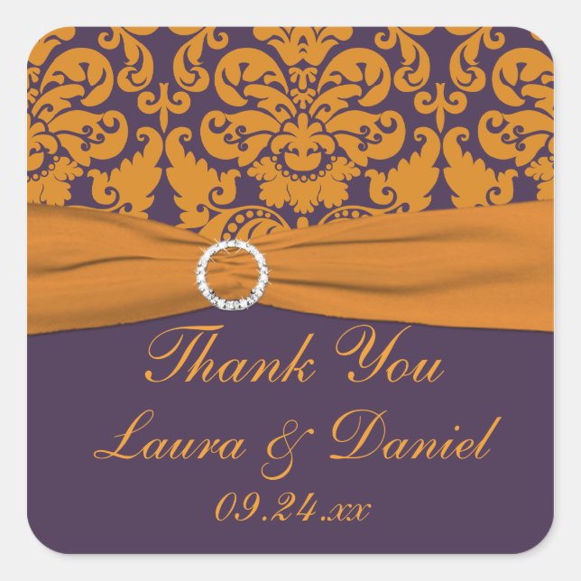 Purple and Orange Damask Wedding Favour Sticker (Front)