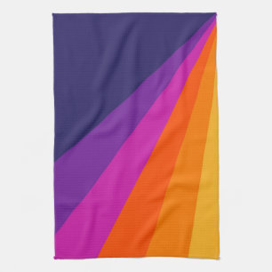 Purple and orange diagonal retro stripes tea towel