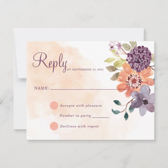 Purple and Orange Fall Floral Autumn Reply RSVP Card (Front)