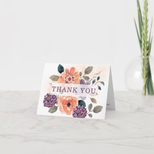 Purple and Orange Fall Floral Autumn Wedding Thank You Card (Front)