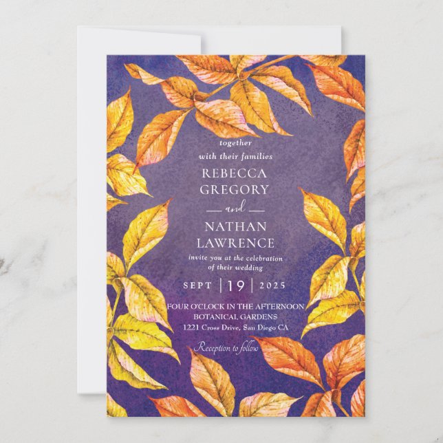 purple and orange fall wedding invitations (Front)