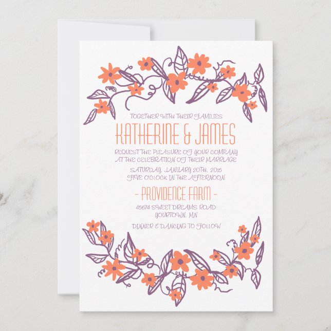 Purple and Orange Floral Banner Wedding Invitation (Front)