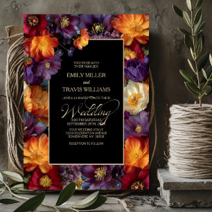 Purple and Orange Floral Black Wedding Invitation