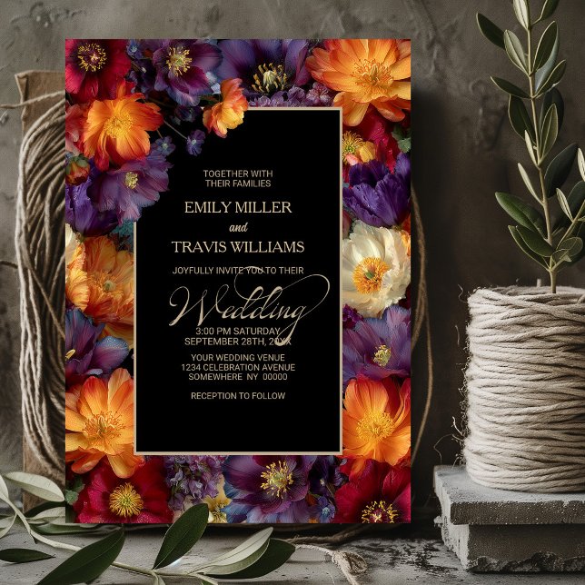 Purple and Orange Floral Black Wedding Invitation (Creator Uploaded)