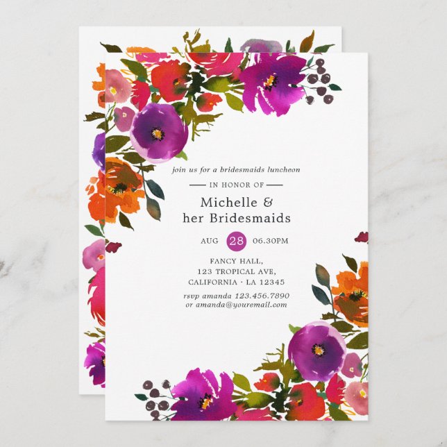 Purple and Orange Floral Bridesmaids Luncheon Invitation (Front/Back)