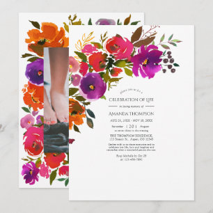 Purple and Orange Floral Celebration of Life Photo Invitation