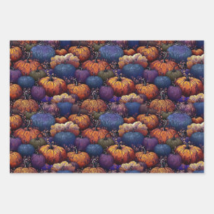 Purple and Orange Floral Fantasy Pumpkins Wrapping Paper Sheet