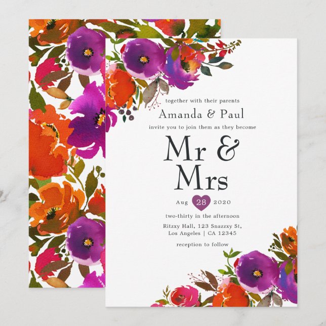 Purple and Orange Floral Mr and Mrs Wedding Invitation (Front/Back)