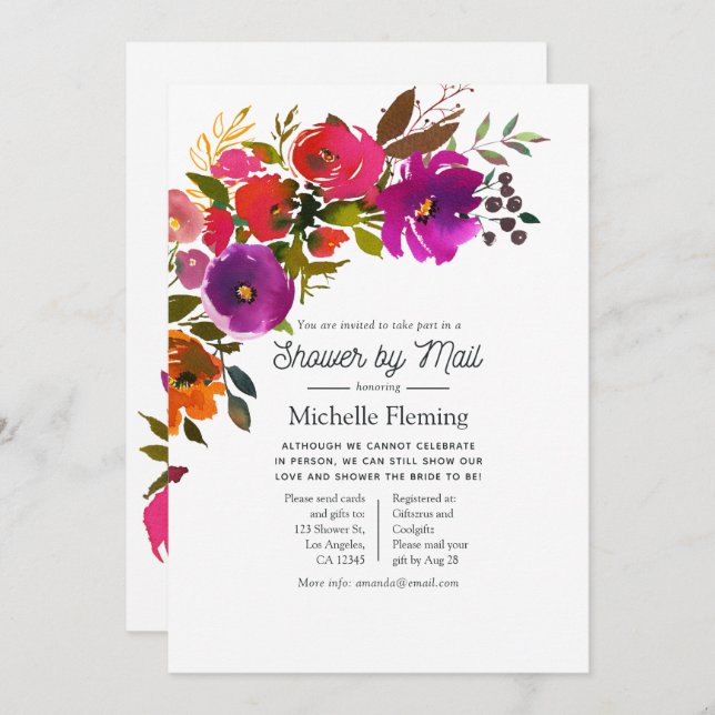Purple and Orange Floral Shower by Mail Invitation (Front/Back)